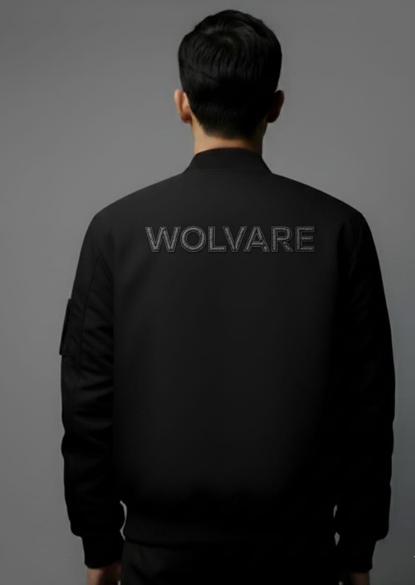 Unleash your inner predator with the WOLVARE bomber jacket. This jacket features a subtle, yet striking grey wolf graphic on the front
